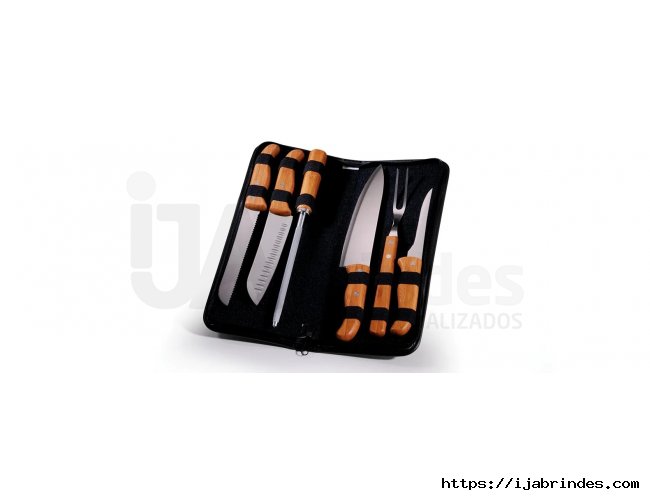 Kit De Facas, Chaira E Garfo Inox/Bambu Com Estojo