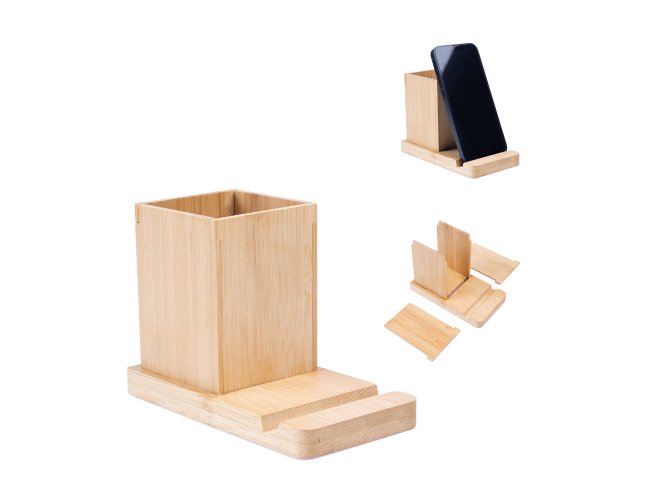 ERWIN. Conjunto de secretária com suporte para celular e copo, em bambu