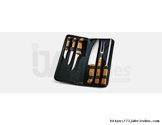 Kit De Facas, Garfo E Chaira Inox / Bambu Com Estojo