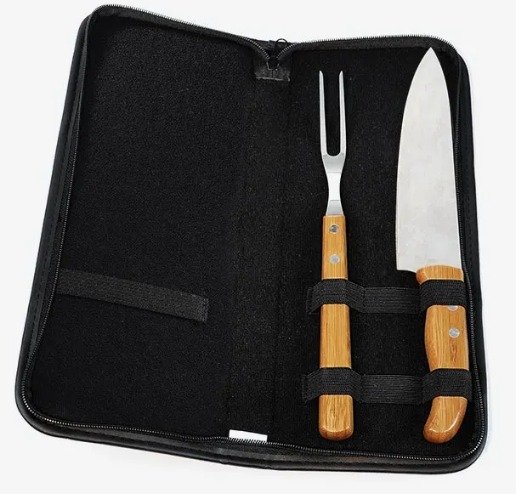 Kit Garfo E Faca Inox / Bambu Com Estojo