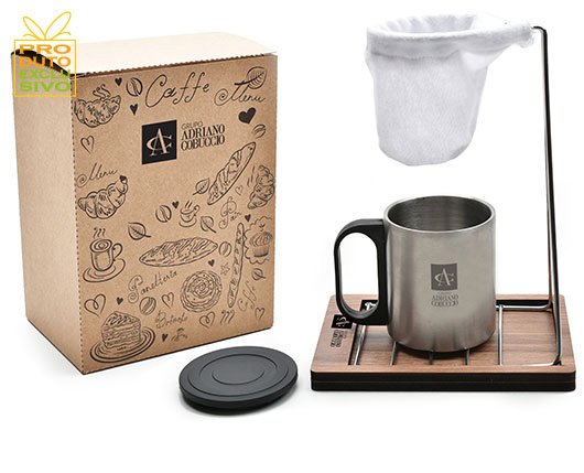 Coador de Caf com Base de Madeira e Caneca de Inox com Tampa