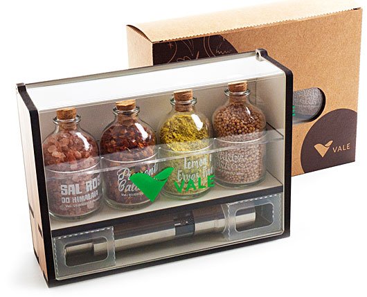 Kit Tempero com 4 Vidros de Especiarias + Moedor de Pimenta - Caixa de MDF com Acrlico