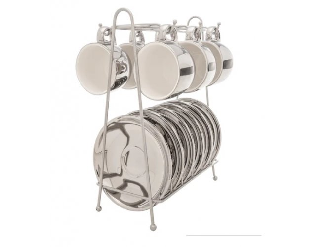 Kit 6 Xcaras de Caf Com Pires e Suporte Porcelana Versa Branco/Prata 90ml