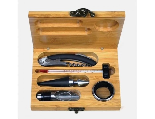 Kit Para Vinho Com Estojo Em Bambu